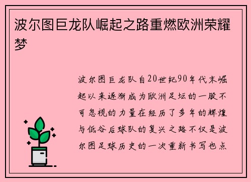 波尔图巨龙队崛起之路重燃欧洲荣耀梦