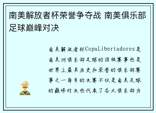 南美解放者杯荣誉争夺战 南美俱乐部足球巅峰对决