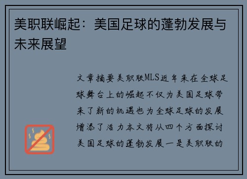 美职联崛起：美国足球的蓬勃发展与未来展望