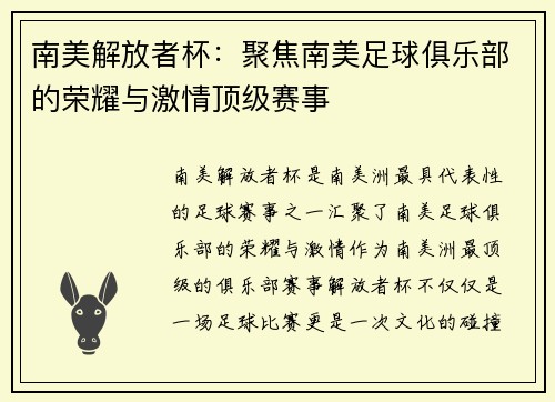 南美解放者杯：聚焦南美足球俱乐部的荣耀与激情顶级赛事